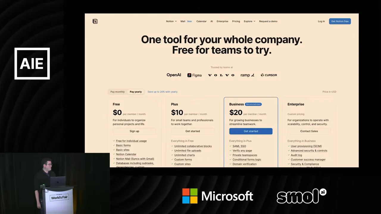 Notion pricing page with four plan columns and the Business tier outlined and marked Recommended.