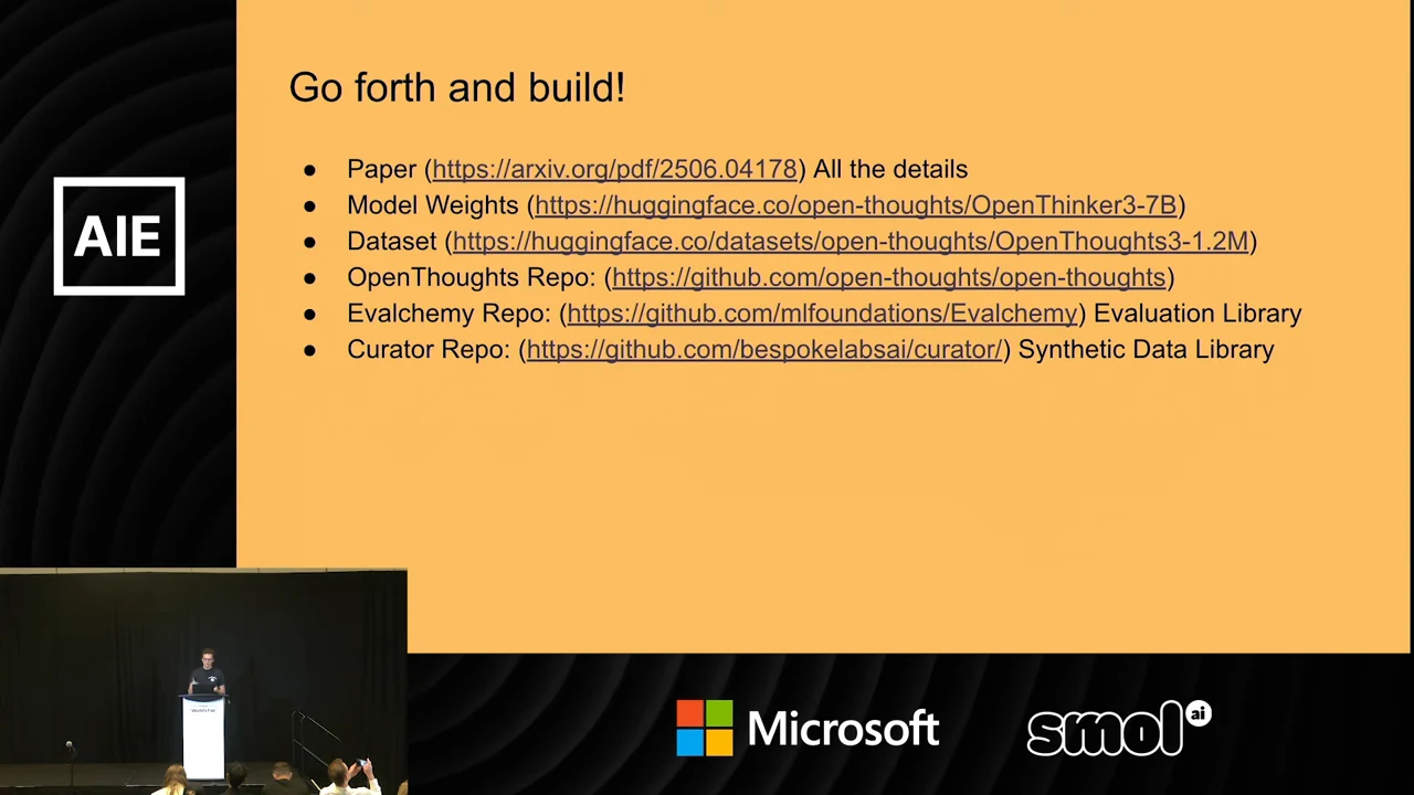 A slide titled “Go forth and build!” lists links for the paper, model weights, dataset, OpenThoughts repository, Evalchemy, and Curator.