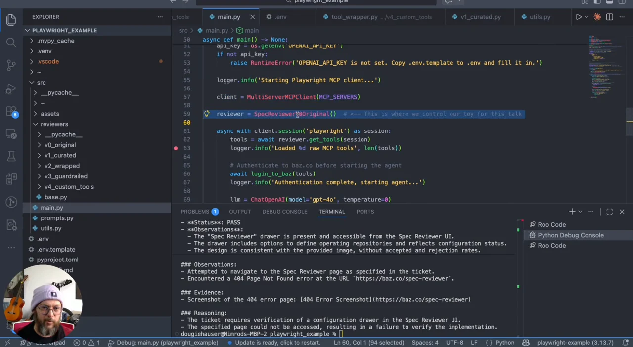 VS Code showing the main function with client initialization, reviewer selection, tool loading, and authentication calls above terminal output.