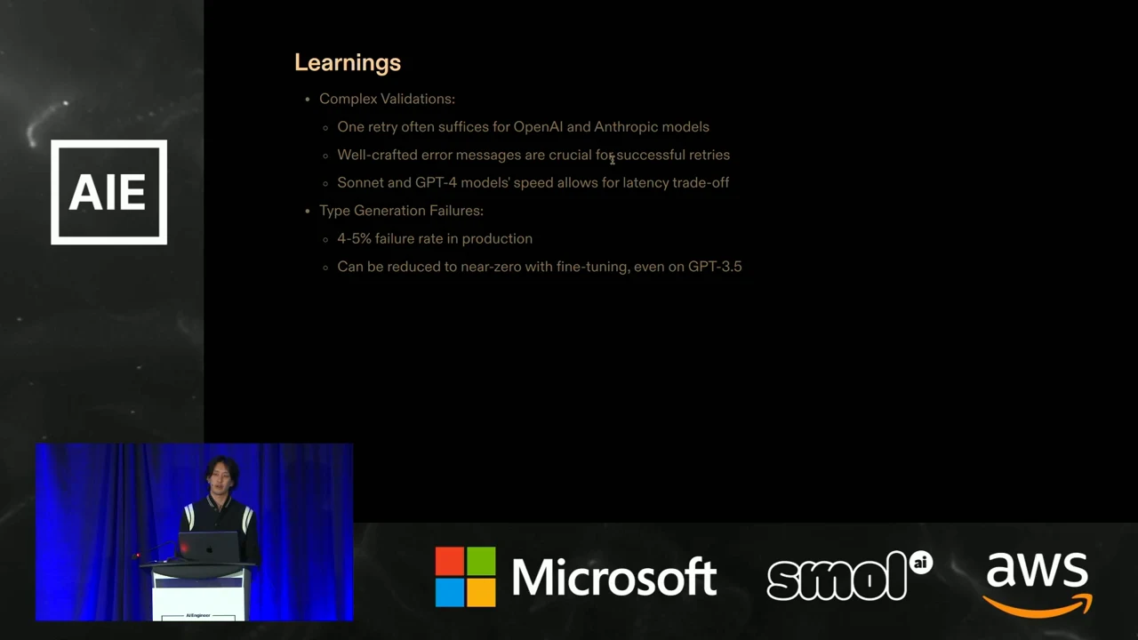Learnings slide lists complex-validation observations and type-generation failures, including a 4–5% production failure rate and reduction to near-zero with fine-tuning.