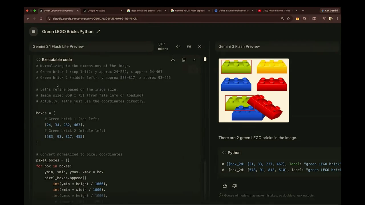 AI Studio comparison view showing executable Python code on the left and colored LEGO bricks with two outlined green bricks on the right.