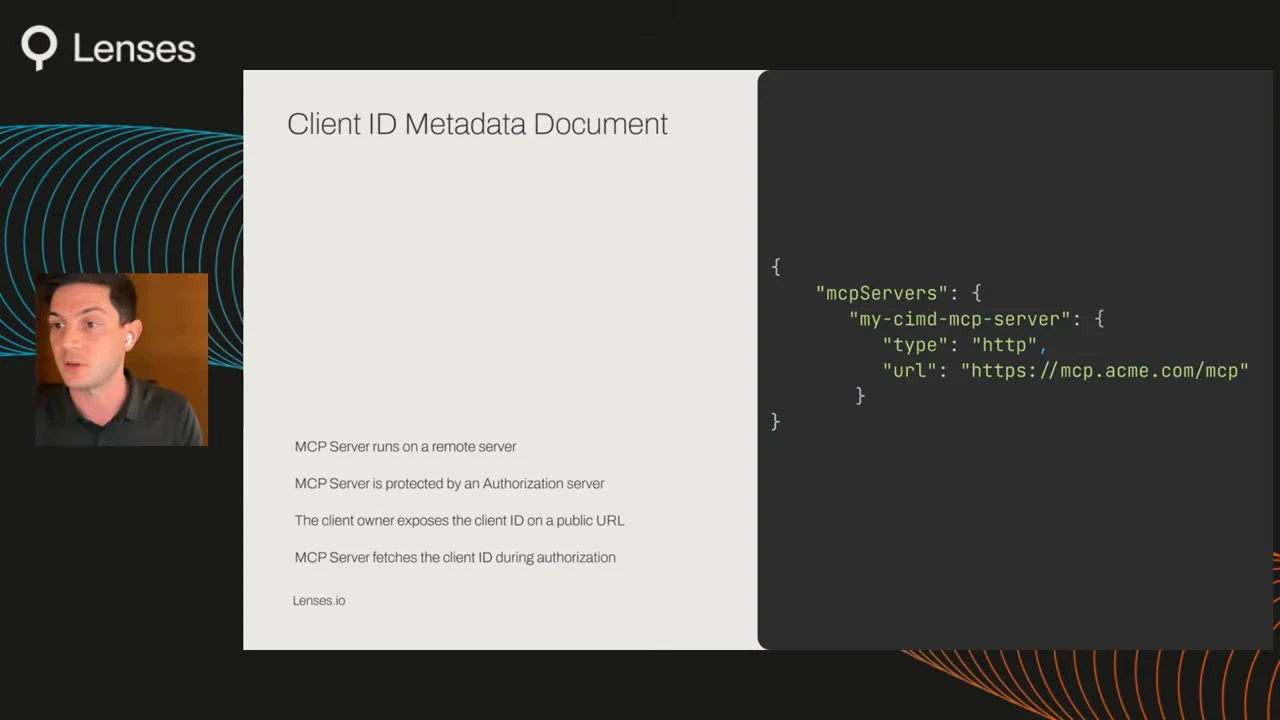 Client ID Metadata Document slide describes a remote MCP server, authorization-server protection, a publicly exposed client ID, and fetching that ID during authorization, beside an HTTP server configuration.