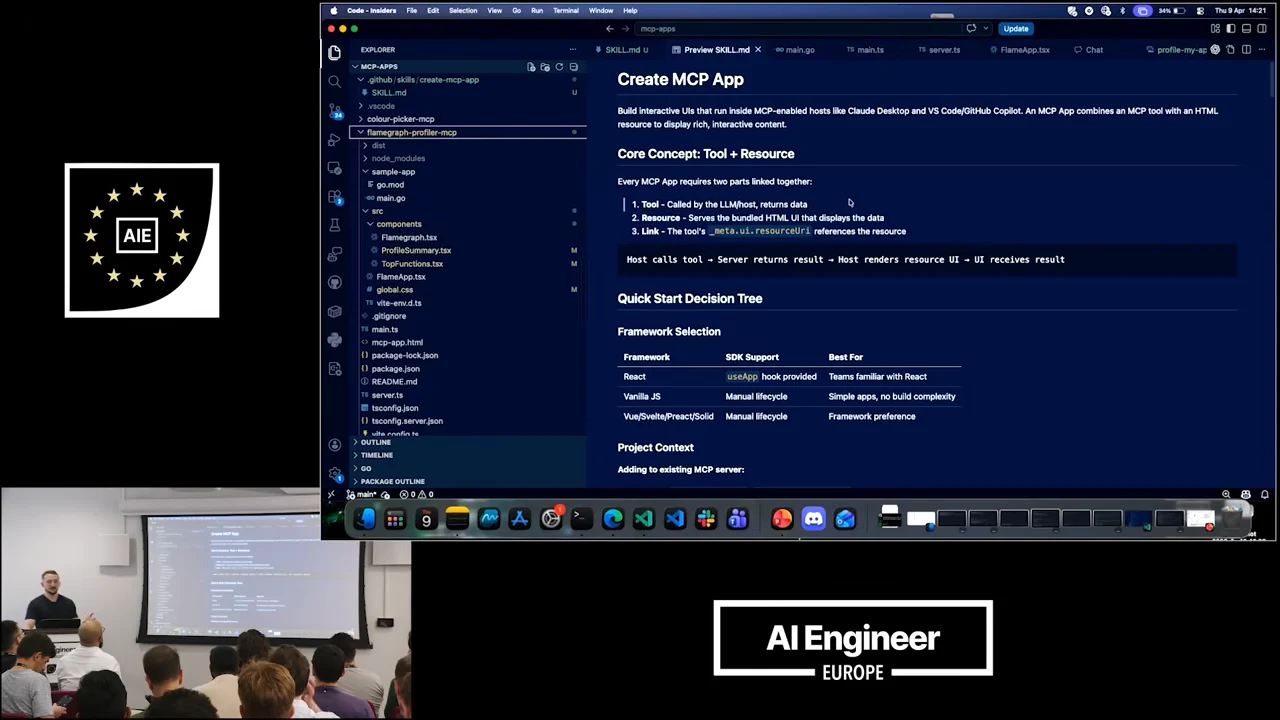 VS Code displaying Create MCP App documentation, including Core Concept: Tool + Resource, a response flow, and a framework selection table beside the project explorer.