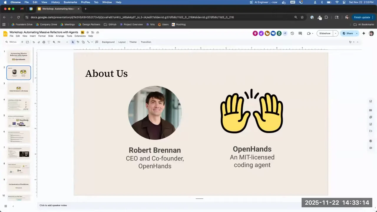 About Us slide identifying Robert Brennan as CEO and co-founder of OpenHands and OpenHands as an MIT-licensed coding agent.