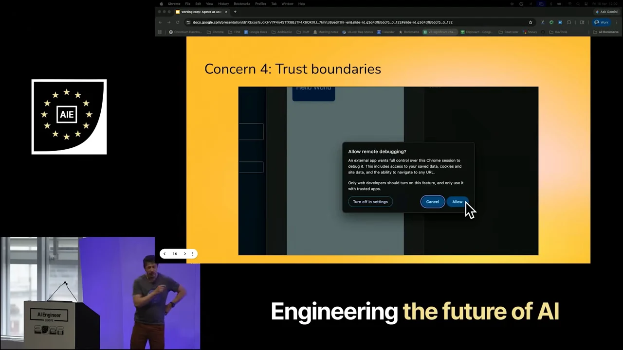 “Concern 4: Trust boundaries” slide showing an “Allow remote debugging?” dialog with Cancel and Allow buttons.