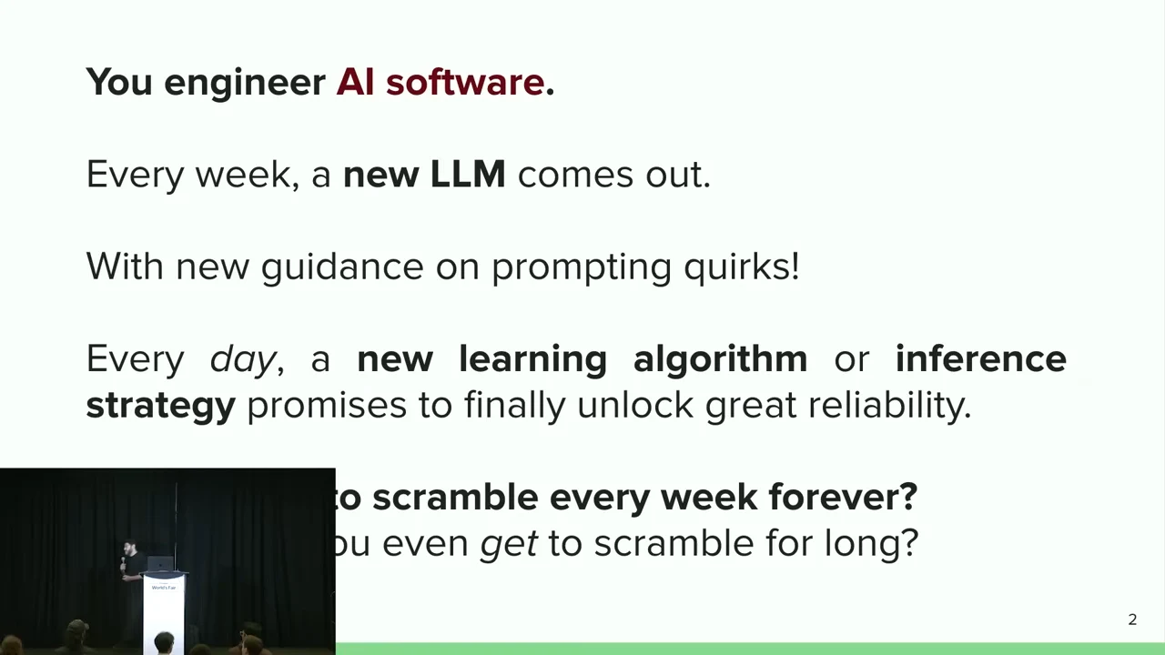 Slide headed “You engineer AI software” lists new LLMs, prompting quirks, and learning algorithms or inference strategies. Two questions appear below, partly obscured by a presenter inset.