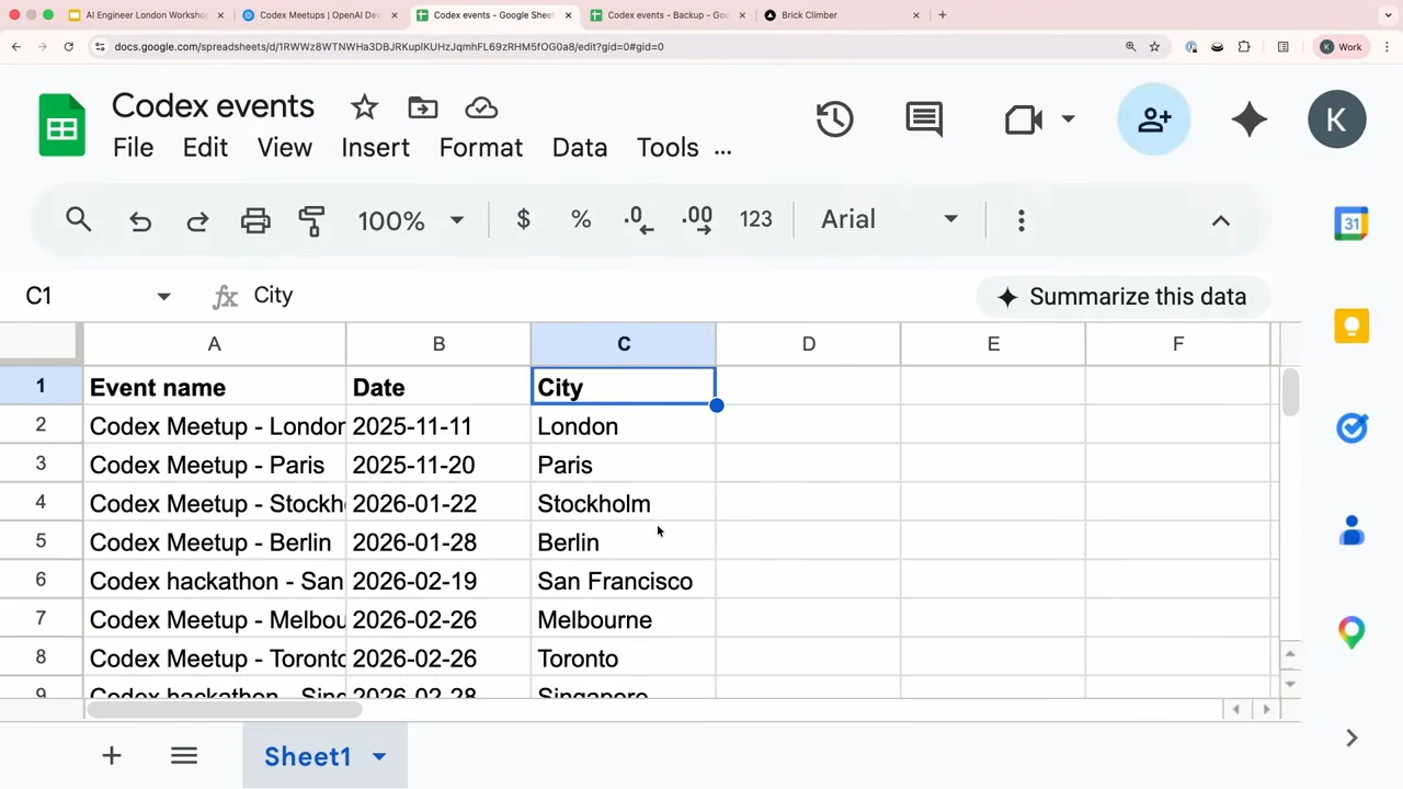 Google Sheets document titled Codex events with Event name, Date and City columns and populated rows including London, Paris, Stockholm and Berlin.