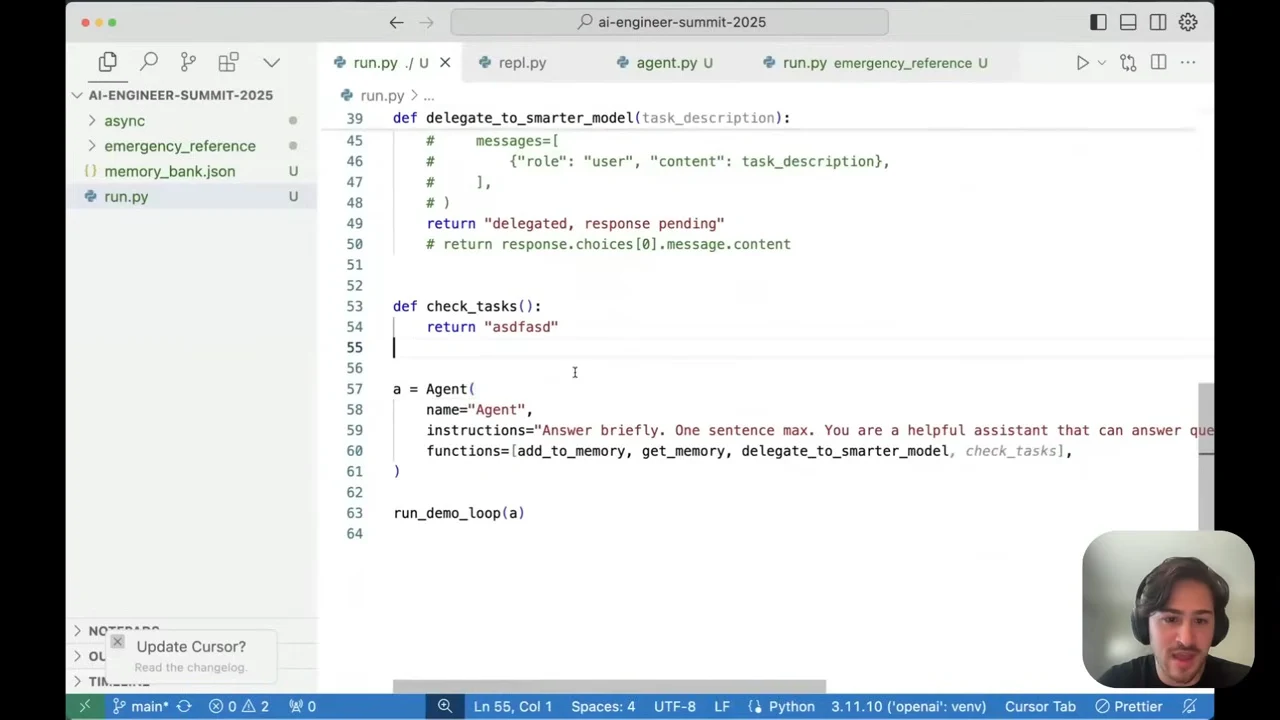 Python code returns “delegated, response pending,” defines a check_tasks stub, and includes it in the agent’s functions list.