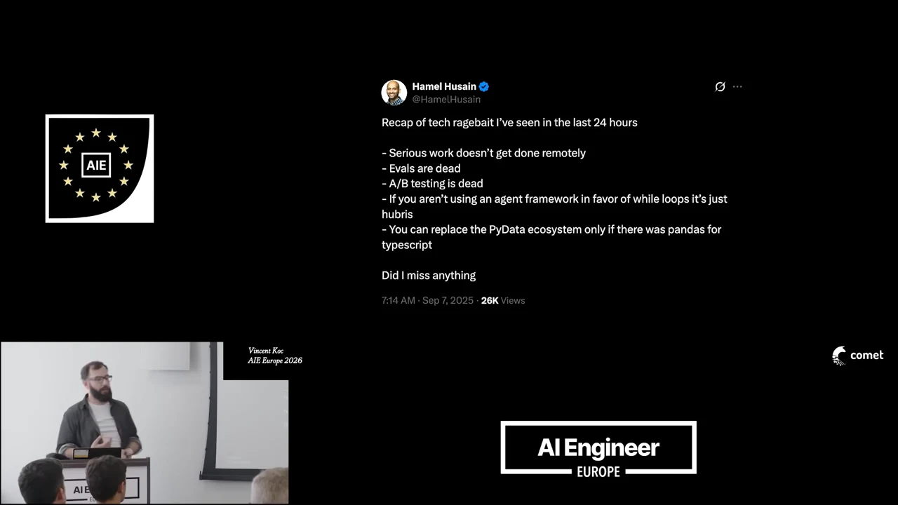 Black slide displaying Hamel Husain’s post about tech ragebait, with a speaker inset at lower left.