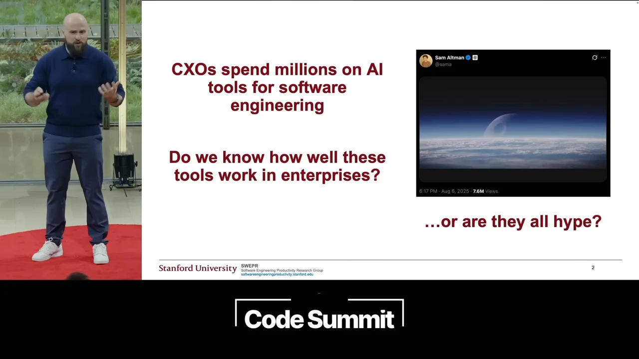 Speaker beside a slide asking whether the millions CXOs spend on AI tools for software engineering produce results, with a social media screenshot.