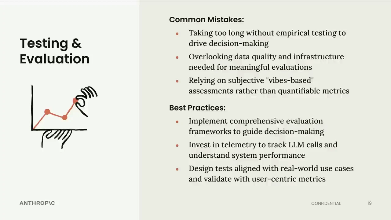 Slide lists delayed empirical testing, overlooked data quality, and vibes-based assessments as mistakes, alongside evaluation frameworks, telemetry, and tests aligned with real-world use cases.