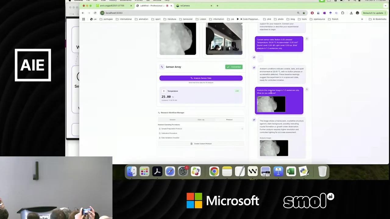 LabMind dashboard with two camera feeds, a temperature card, workflow controls, and a research assistant conversation containing microscope images.