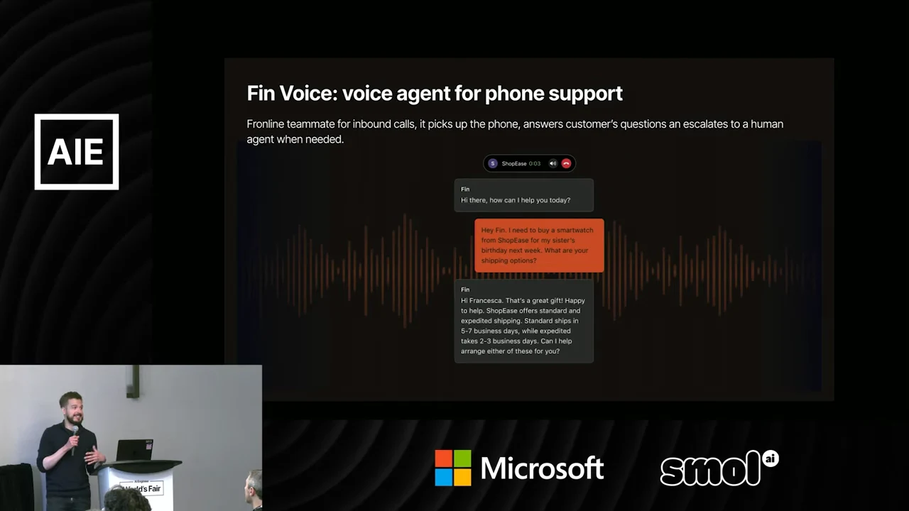 Slide showing a sample Fin conversation over an orange audio waveform, titled “Fin Voice: voice agent for phone support.”