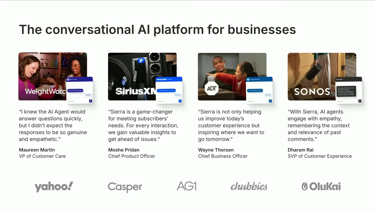Slide titled “The conversational AI platform for businesses,” with four customer testimonial columns and company logos.