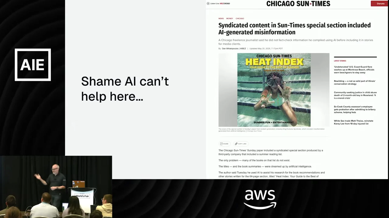 Slide pairing “Shame AI can’t help here...” with a Chicago Sun-Times article headed “Syndicated content in Sun-Times special section included AI-generated misinformation.”