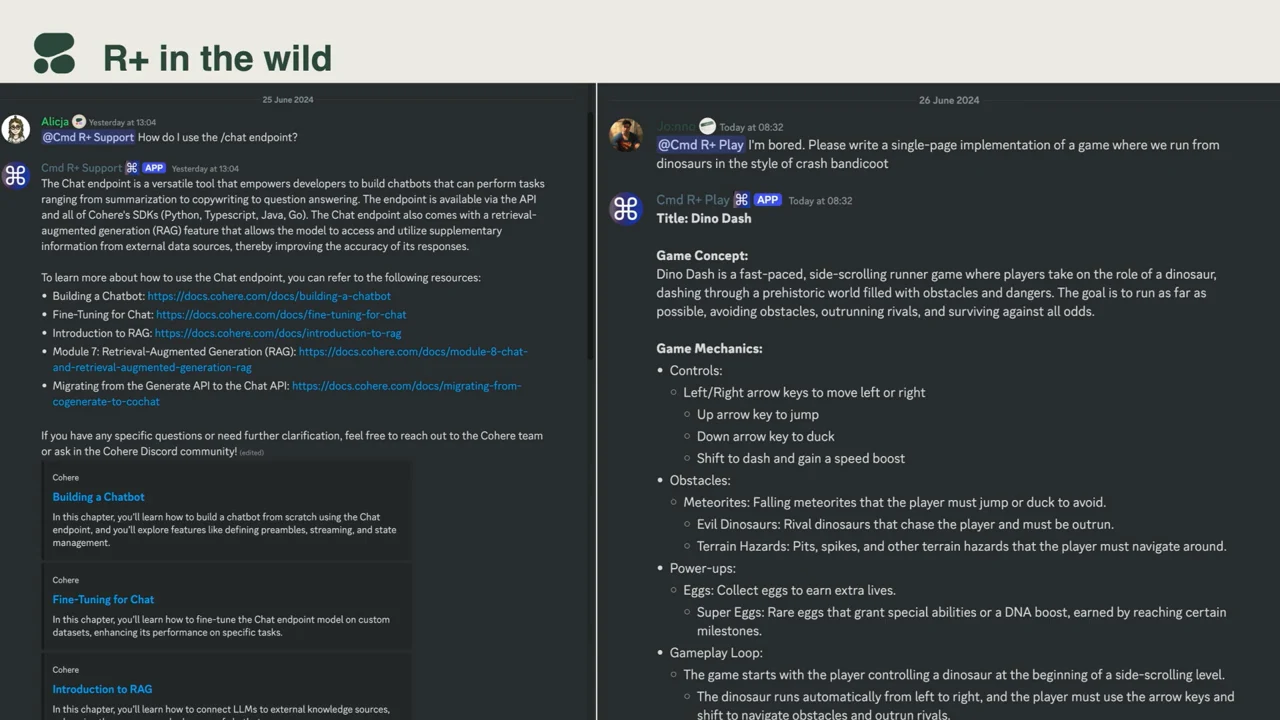 Two Discord conversations under “R+ in the wild”: a chat endpoint explanation with documentation links on the left, and a Dino Dash game description on the right.