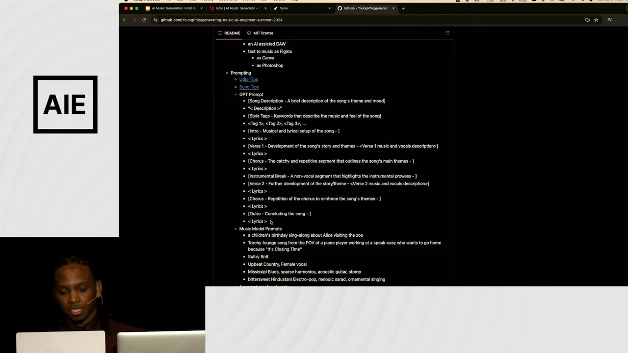 GitHub notes showing a GPT prompt with song description, style tags, intro, verses, chorus, instrumental break, and outro, followed by music prompt examples.