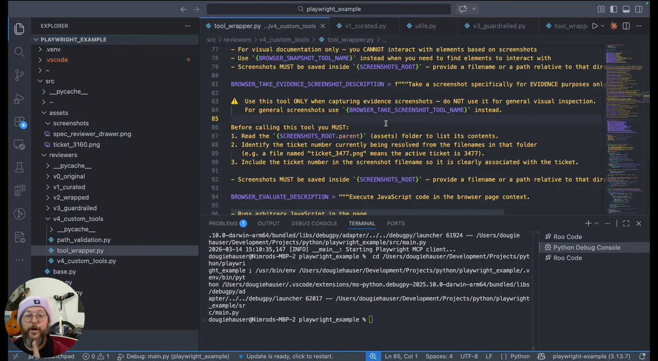 VS Code showing an evidence screenshot description with usage restrictions, ticket identification steps, and screenshot naming instructions.