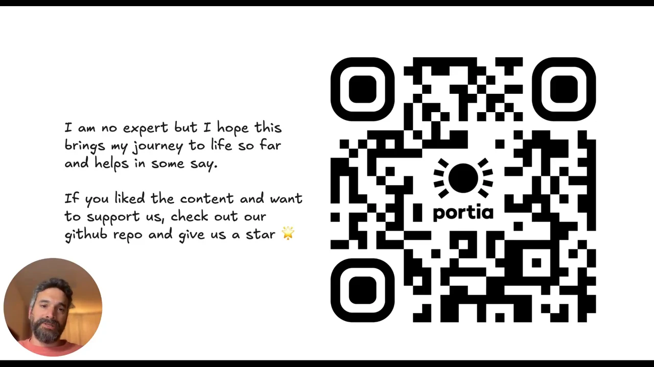 Closing slide stating “I am no expert” and requesting a GitHub star, beside a large QR code with the Portia logo.