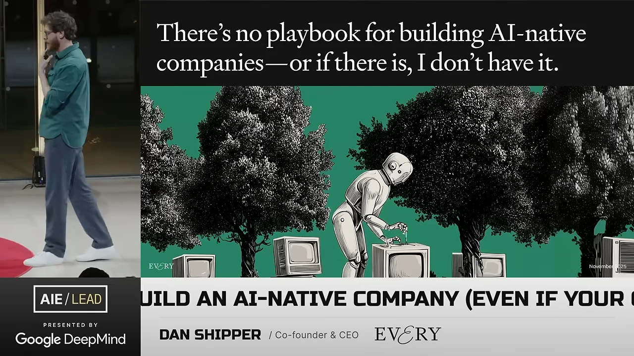 Slide states, “There’s no playbook for building AI-native companies—or if there is, I don’t have it,” above an illustration of a robot among trees and computers.