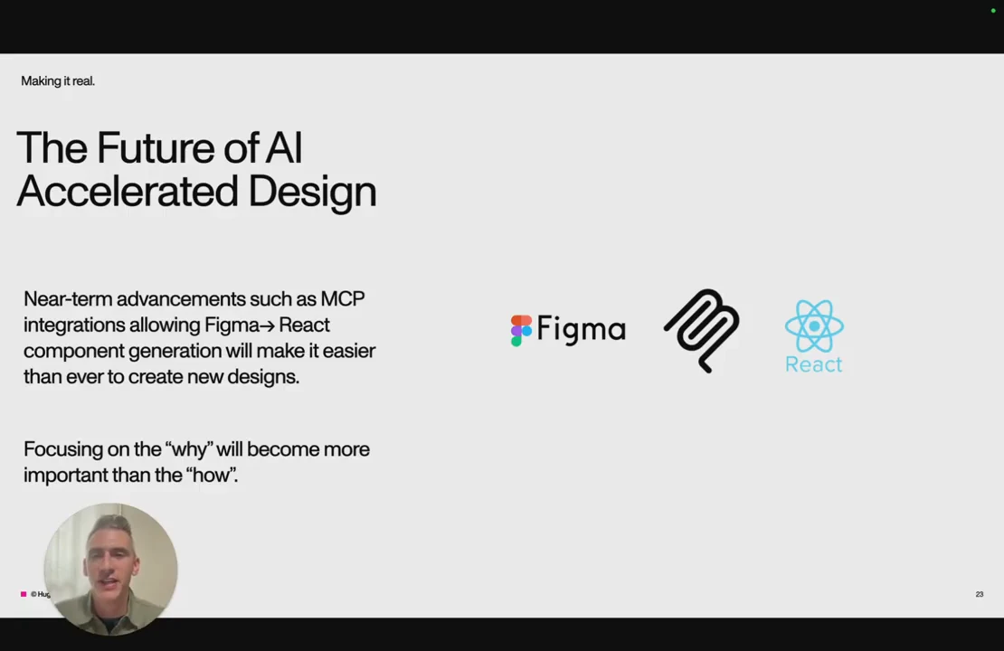“The Future of AI Accelerated Design” slide with Figma, MCP, and React logos beside text about component generation and focusing on why rather than how.
