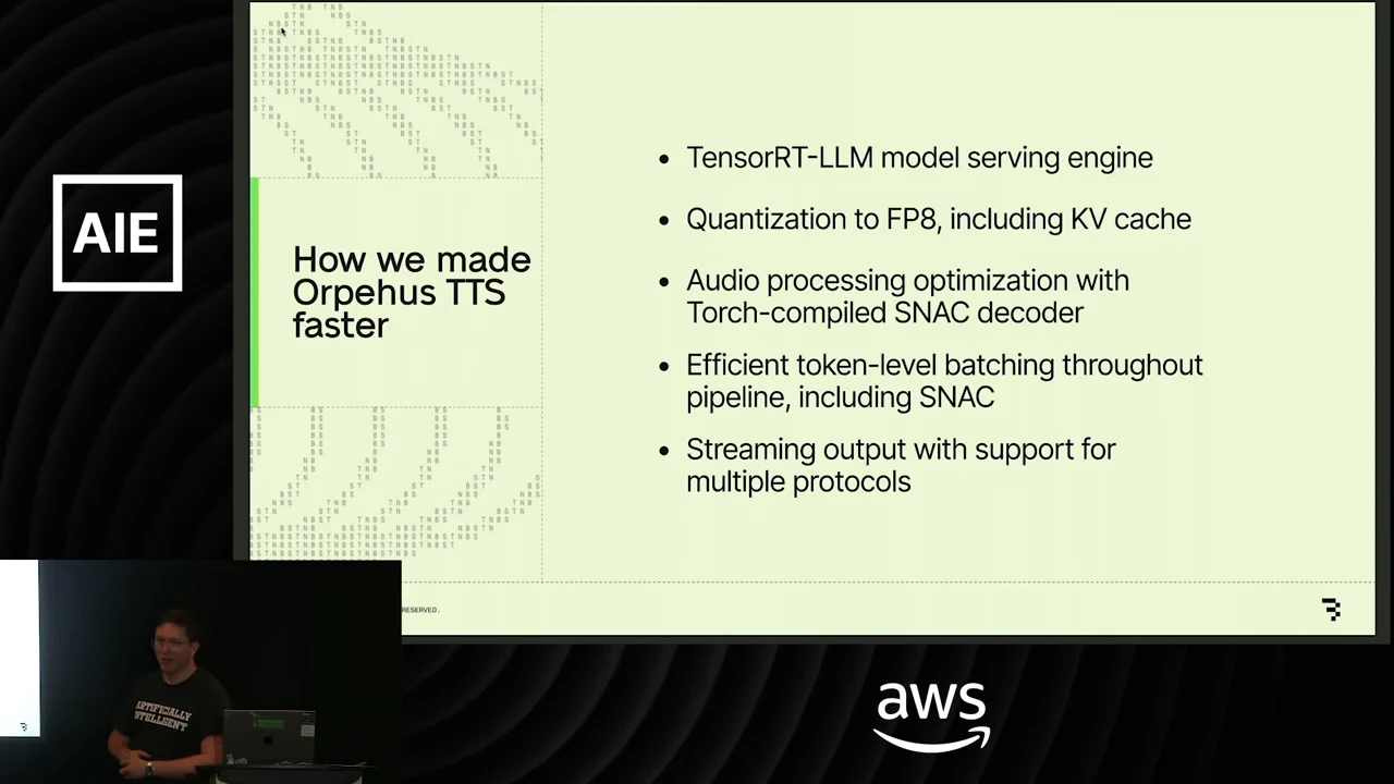 “How we made Orpheus TTS faster” slide listing TensorRT-LLM, FP8 including KV cache, a Torch-compiled SNAC decoder, token-level batching, and streaming protocols.