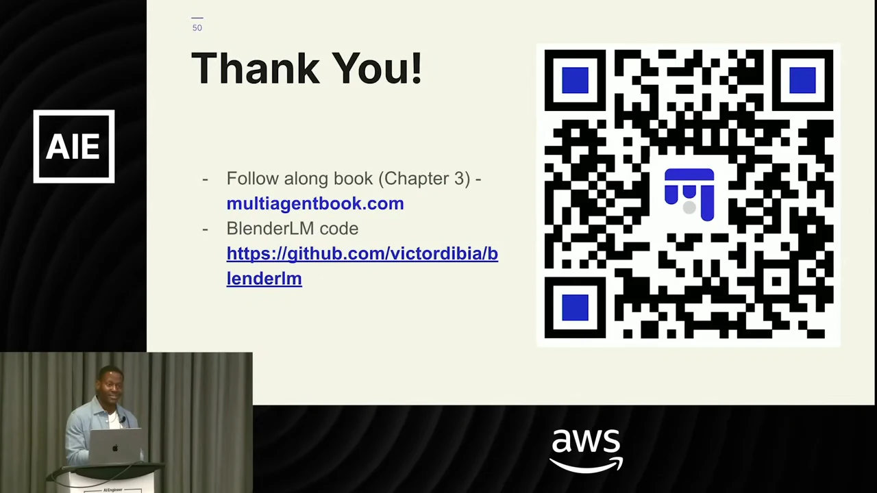 Thank You slide with a Chapter 3 book pointer, multiagentbook.com, github.com/victordibia/blenderlm, and a large QR code.
