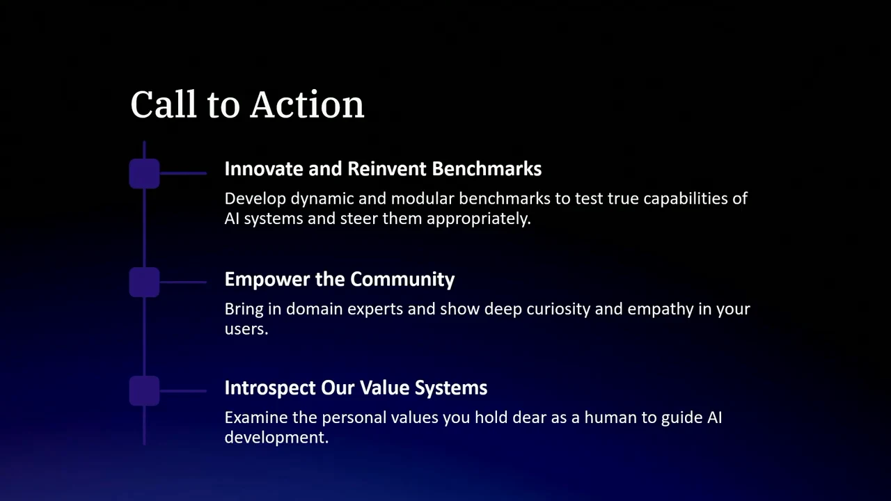 Call to Action slide with three vertically connected items: Innovate and Reinvent Benchmarks, Empower the Community, and Introspect Our Value Systems, each with explanatory text.