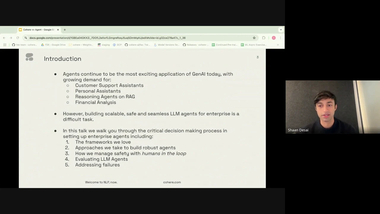 Introduction slide listing customer support, personal assistants, reasoning agents on RAG, and financial analysis, followed by enterprise implementation challenges and talk topics.