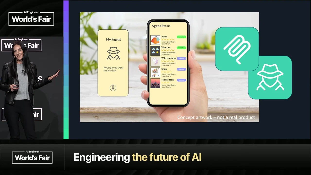 Slide showing a “My Agent” card, a phone displaying an “Agent Store,” two green icons, and the disclaimer “Concept artwork – not a real product.”
