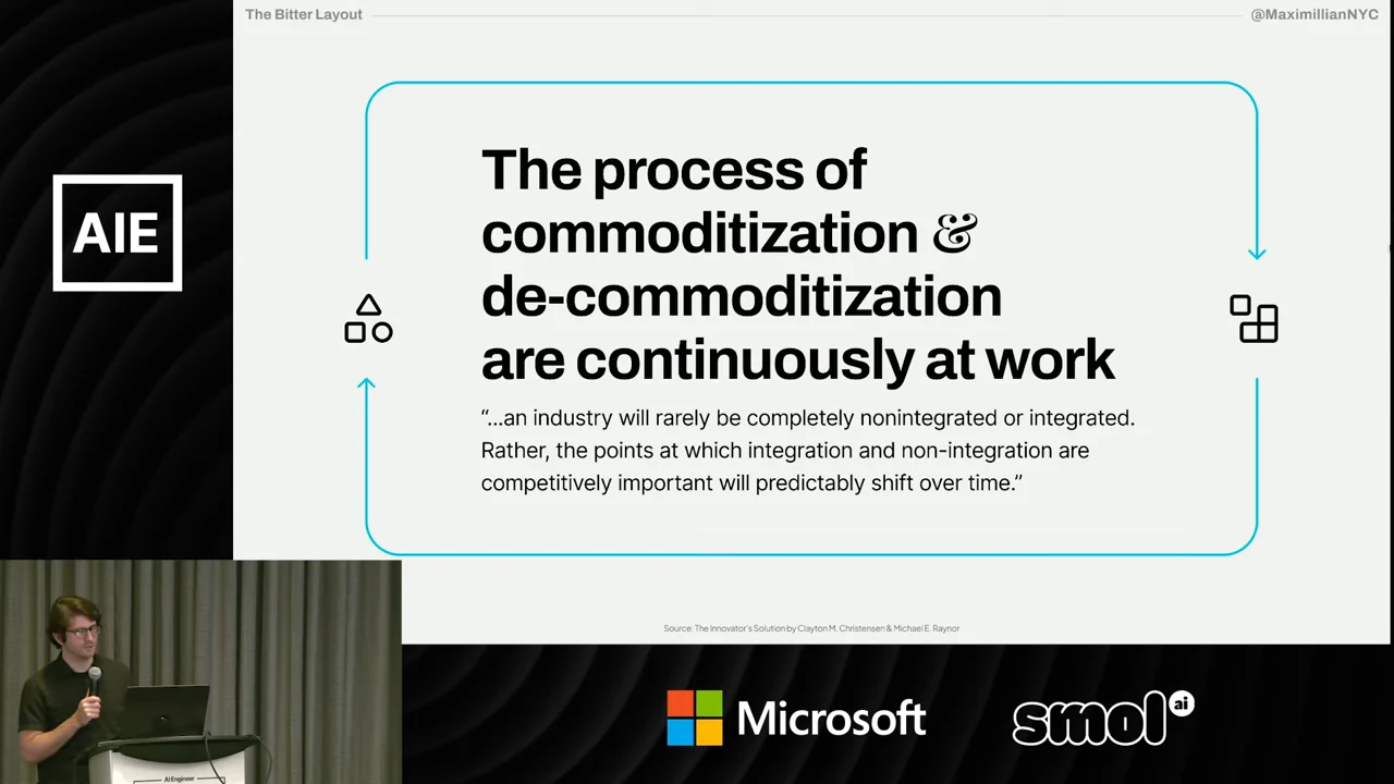 Blue arrows loop between grouped and separated shape icons around a headline about continuous commoditization and de-commoditization, with a quotation about shifting points of integration.