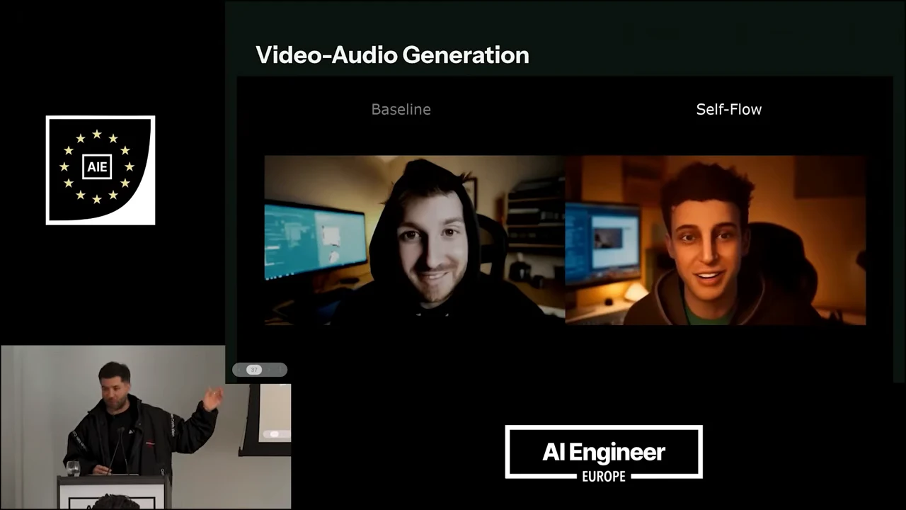 Two side-by-side portraits of men at computer desks, labeled Baseline and Self-Flow, beneath the title Video-Audio Generation.