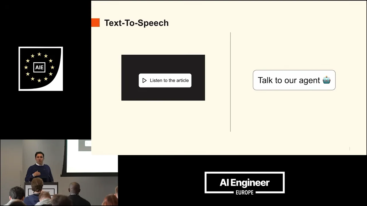 Slide titled Text-To-Speech with a Listen to the article button on the left and Talk to our agent on the right.