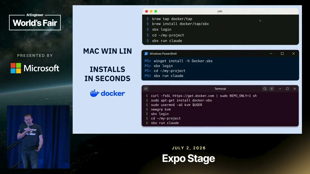 Selected presentation frame from YOLO Mode, Safely: MicroVM Sandboxes for Any Agent — Rowan Christmas, Docker at 634 seconds