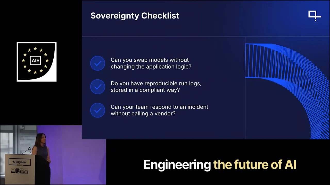 Sovereignty Checklist slide asking whether models can be swapped without changing application logic, reproducible run logs are stored compliantly, and the team can respond to incidents without calling a vendor.