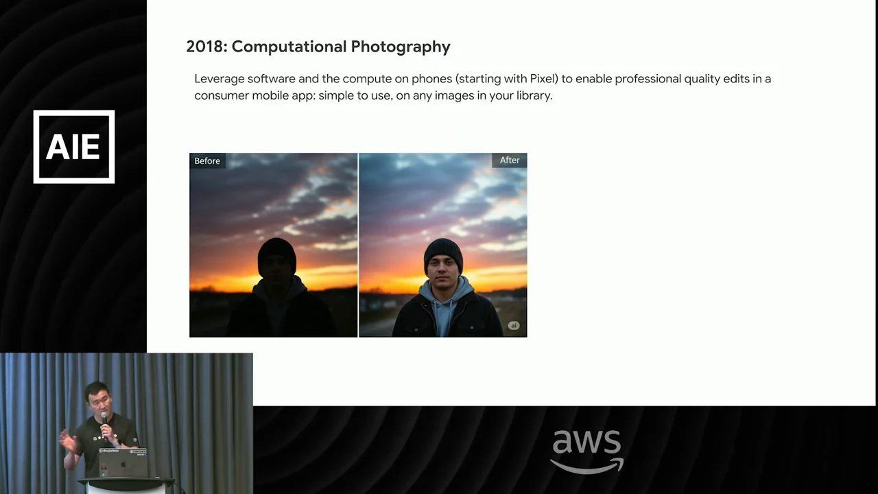 Slide titled “2018: Computational Photography” with before and after sunset portraits showing a dark subject on the left and a brighter face on the right.