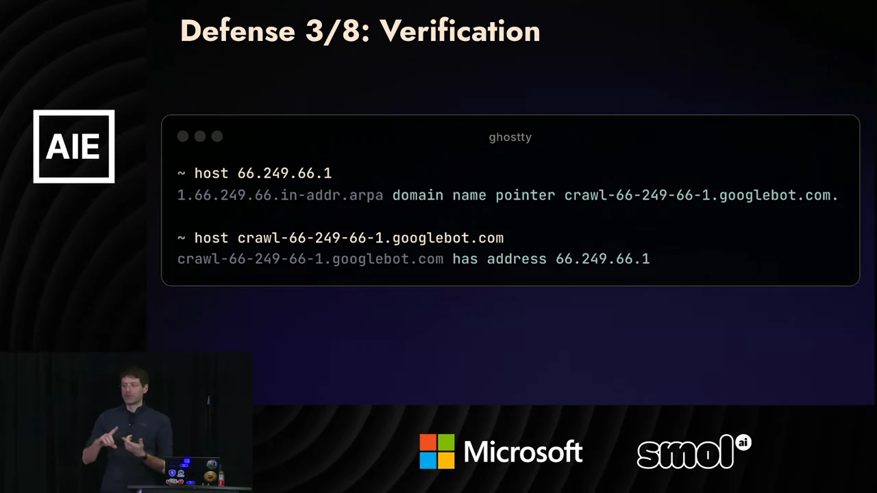 “Defense 3/8: Verification” slide shows a terminal resolving 66.249.66.1 to crawl-66-249-66-1.googlebot.com, then resolving that hostname back to the same IP address.