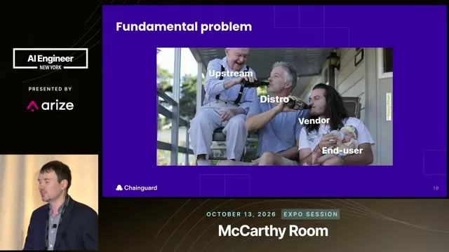 A supply-chain analogy connects upstream code, distribution, vendors and end users.