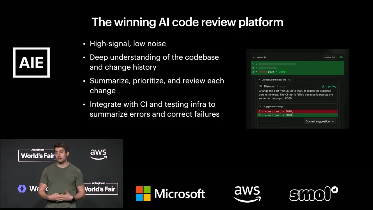 Slide listing high signal and low noise, codebase and change-history understanding, change review and prioritization, and CI and testing integration, beside a code-review suggestion screenshot.