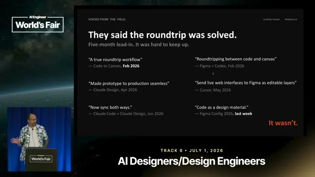 Selected presentation frame from The Design-Code Roundtrip That Isn't — Jonathan Gordon, ReWeaver AI at 385 seconds