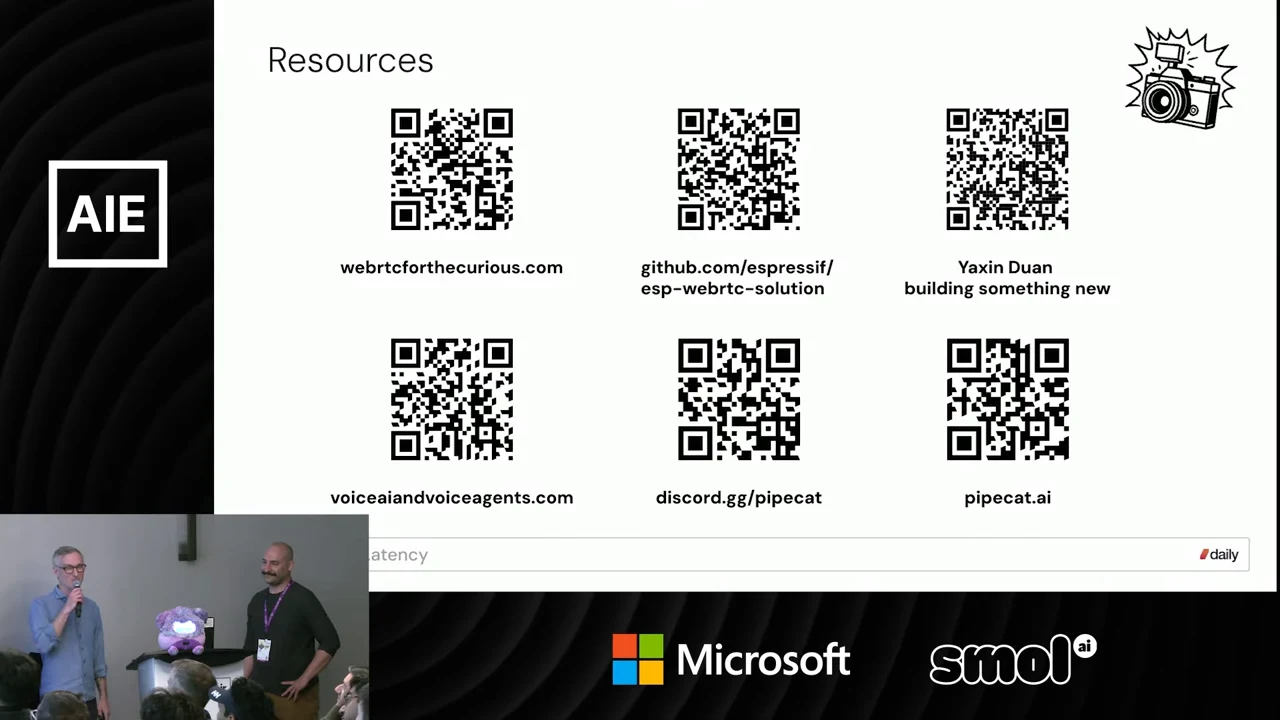 Resources slide with six QR codes labeled webrtcforthecurious.com, github.com/espressif/esp-webrtc-solution, Yaxin Duan building something new, voiceaiandvoiceagents.com, discord.gg/pipecat, and pipecat.ai.