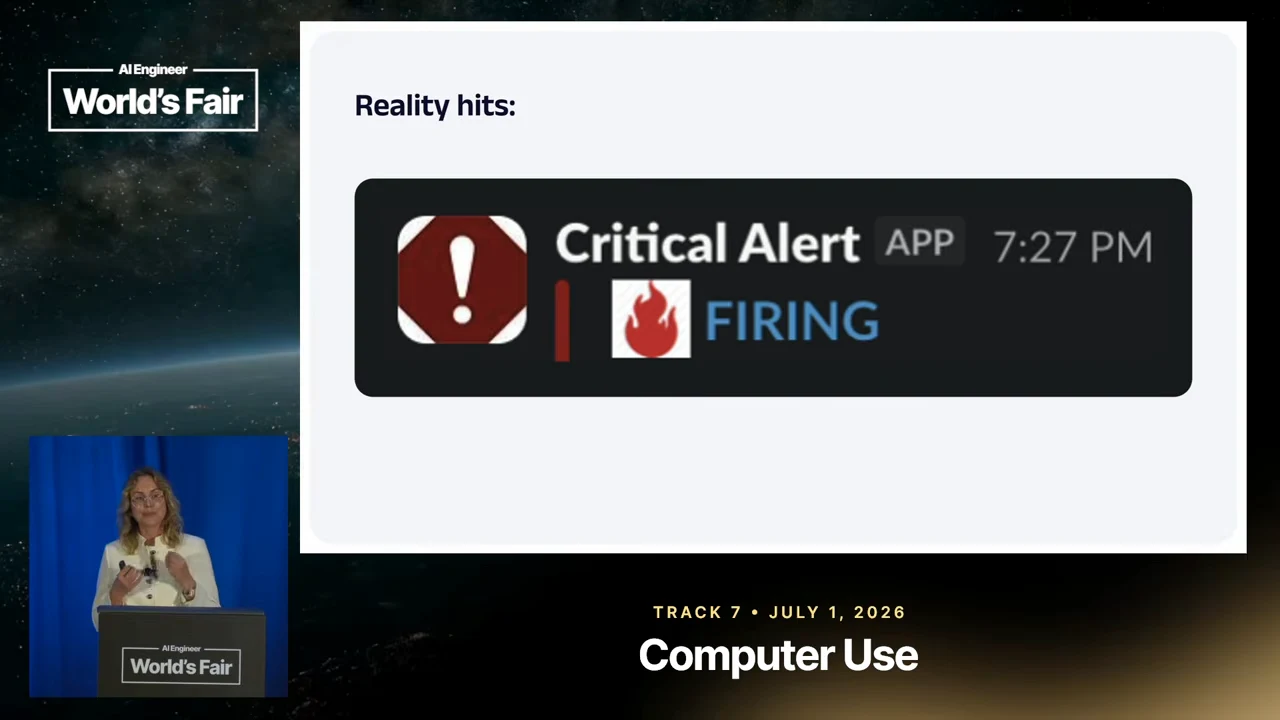 Slide titled “Reality hits:” showing a Critical Alert notification with a red warning icon and the status FIRING.