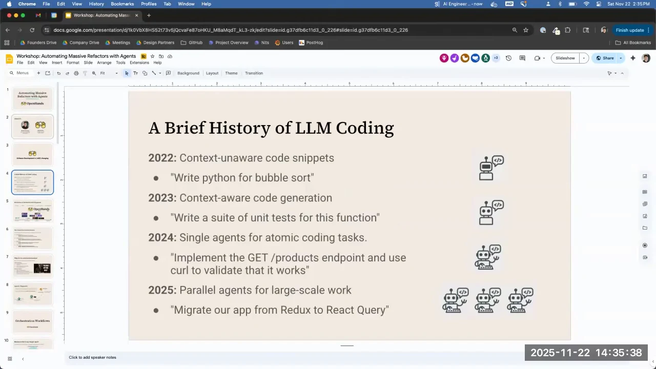 Slide listing coding developments from 2022 through 2025, with example tasks and robot icons.