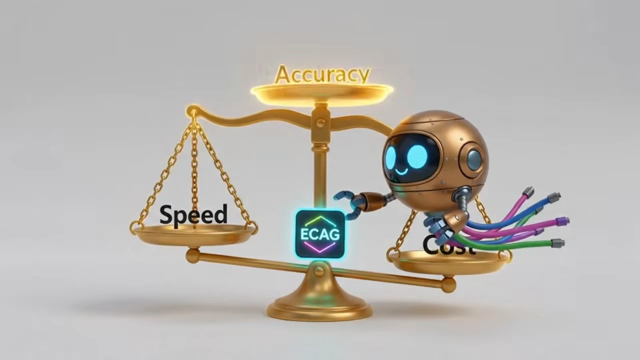 A gold balance labeled Accuracy and Speed, with a partly obscured Cost label, a glowing ECAG tile, and a robot on the right pan.