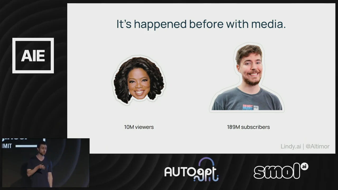 Slide comparing Oprah, labeled “10M viewers,” with MrBeast, labeled “189M subscribers,” with the speaker inset below.