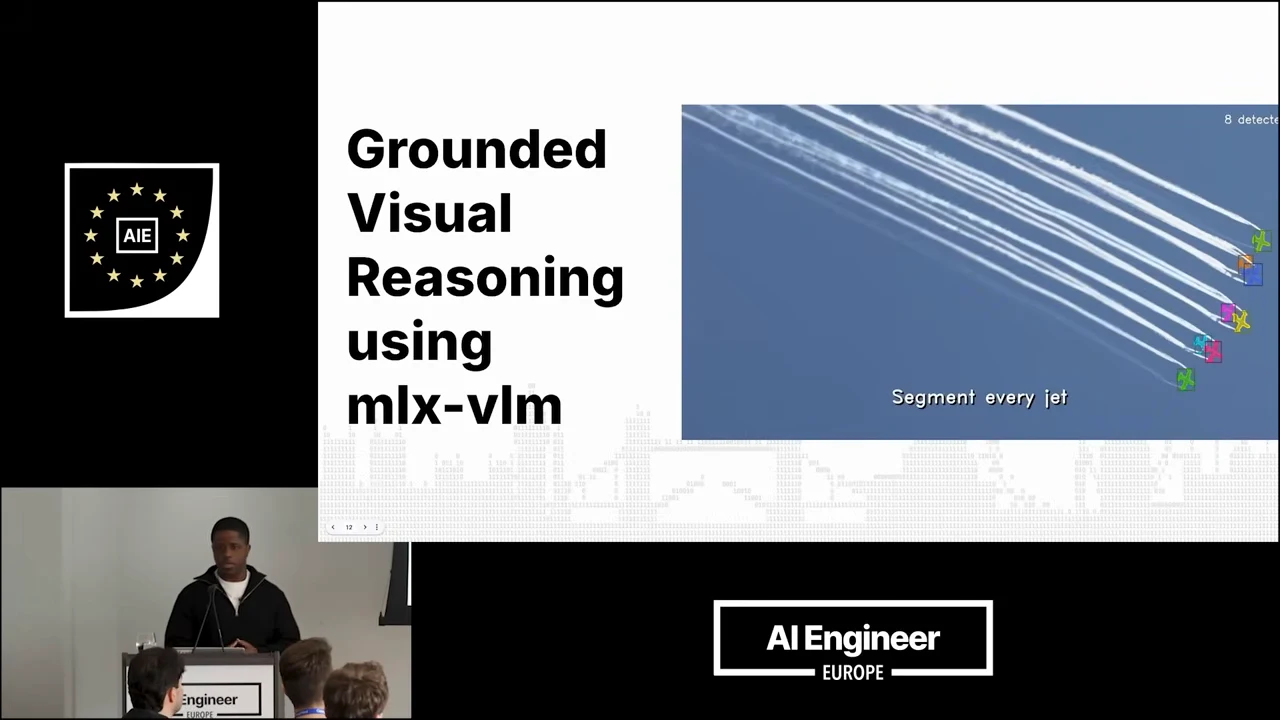 Slide titled Grounded Visual Reasoning using mlx-vlm showing jets and contrails with colored detection overlays and the prompt Segment every jet.