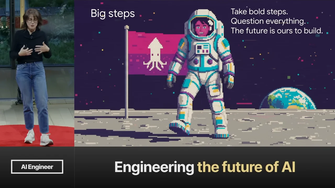 Pixel-art astronaut on the Moon beside a squid-emblem flag, with Earth in the background and text urging bold steps and questioning everything.