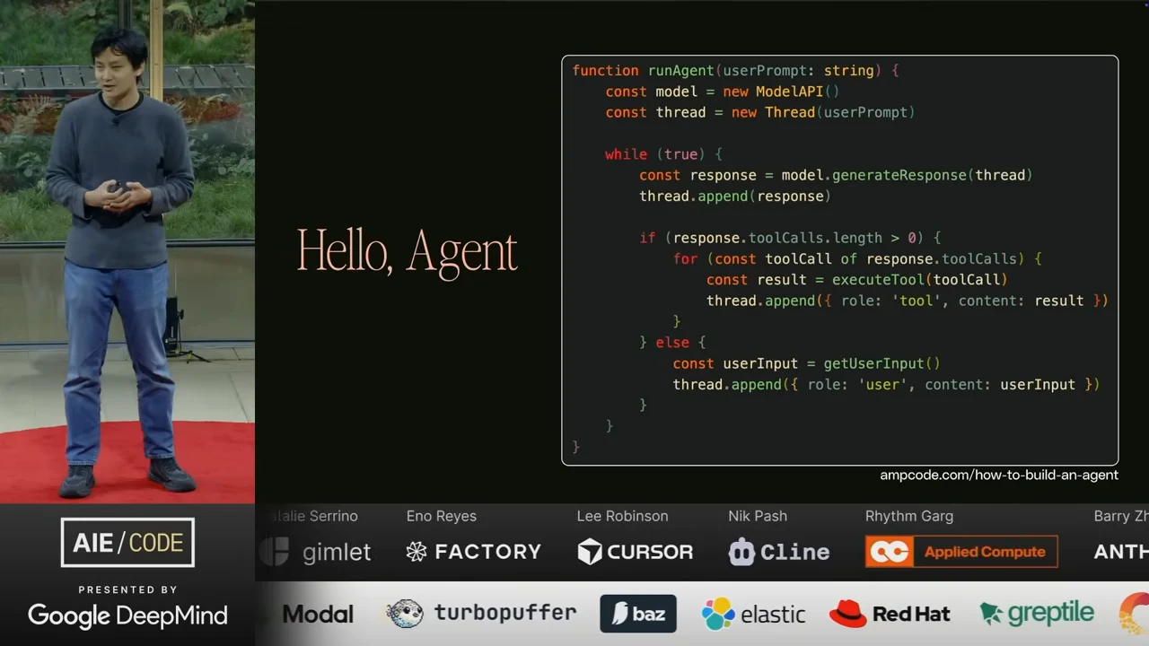 Slide beside the speaker showing code that generates a model response, executes tool calls, and appends tool results or user input to a thread.
