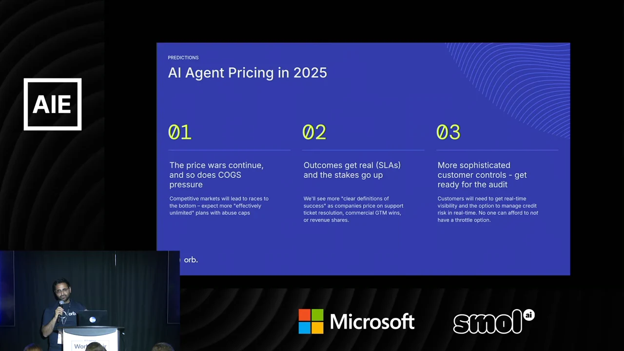Blue “AI Agent Pricing in 2025” slide with three numbered columns discussing price wars and COGS pressure, outcome SLAs, and sophisticated customer controls.