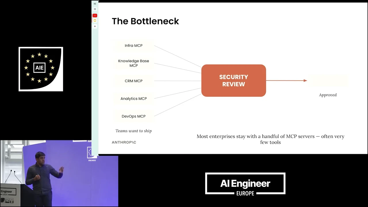 The Bottleneck slide shows Infra, Knowledge Base, CRM, Analytics, and DevOps MCPs feeding into a central Security Review box, with an outgoing arrow labeled Approved.